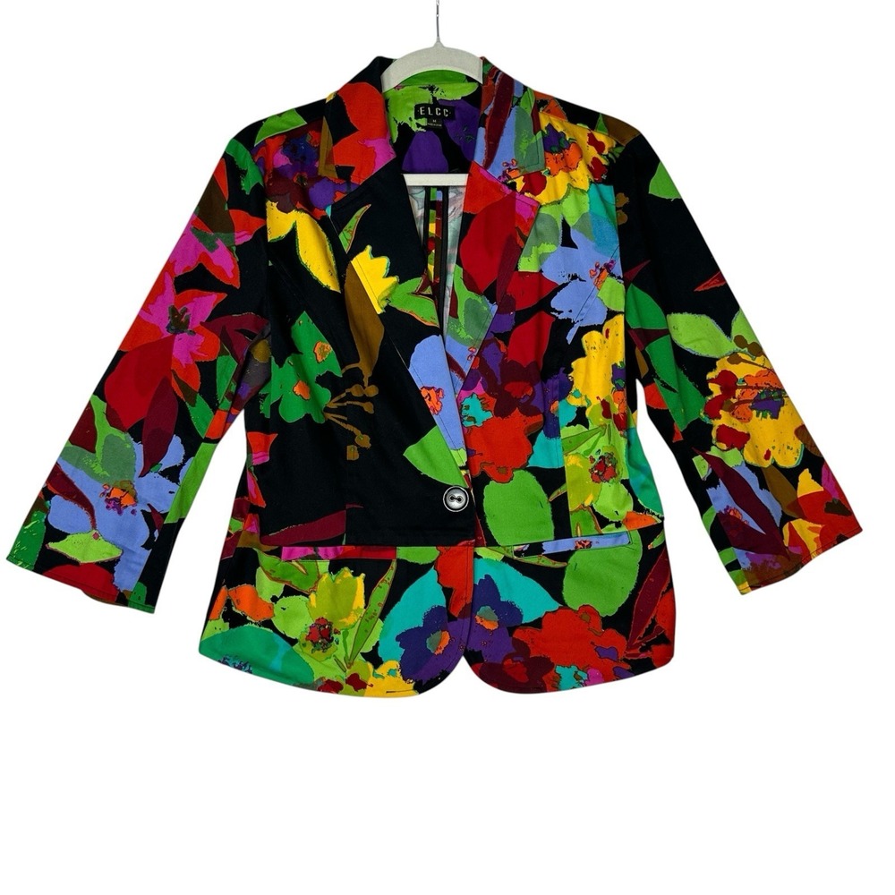 ELCC Floral Blazer M Abstract Art to Wear Maximalist Cotton Stretch Jacket Bold